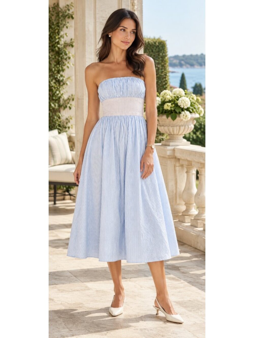 Lovers + Friends Revolve Blue Pink Striped Seersucker Fit & Flare Dress S